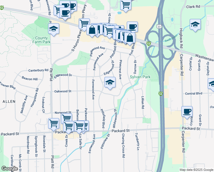map of restaurants, bars, coffee shops, grocery stores, and more near 2543 Pittsfield Boulevard in Ann Arbor