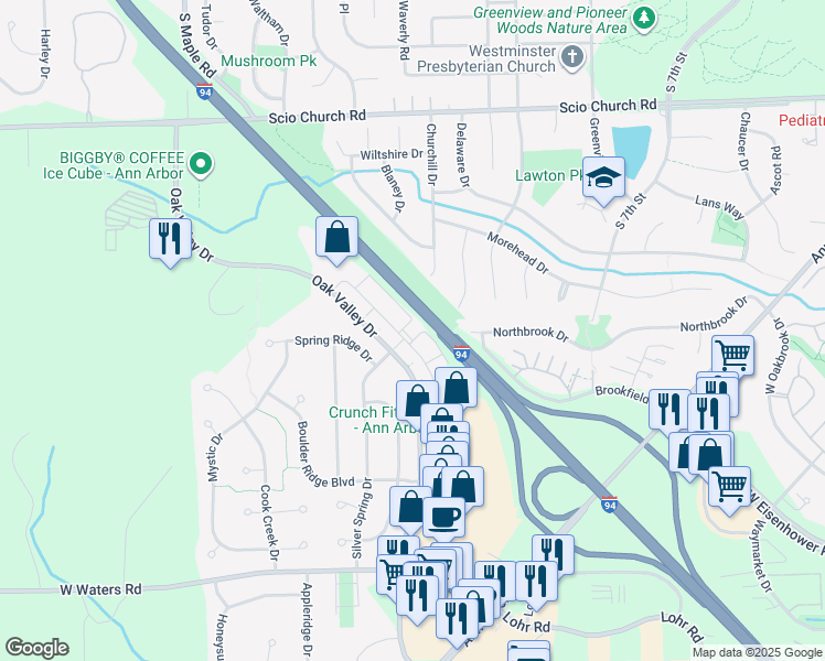 map of restaurants, bars, coffee shops, grocery stores, and more near 2555 Oak Valley Drive in Ann Arbor