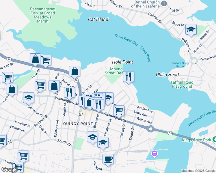 map of restaurants, bars, coffee shops, grocery stores, and more near 52 Harrison Street in Quincy