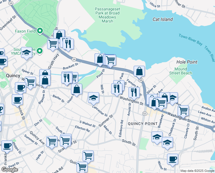 map of restaurants, bars, coffee shops, grocery stores, and more near 43 Mill Street in Quincy