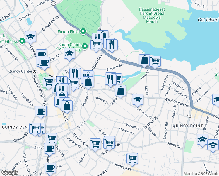 map of restaurants, bars, coffee shops, grocery stores, and more near 196 Washington Street in Quincy