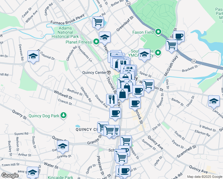 map of restaurants, bars, coffee shops, grocery stores, and more near 159 Thomas Burgin Parkway in Quincy