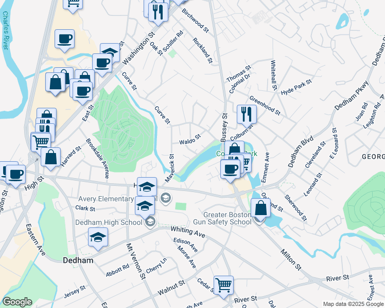 map of restaurants, bars, coffee shops, grocery stores, and more near 22 Denmark Street in Dedham