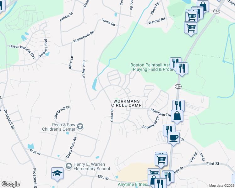 map of restaurants, bars, coffee shops, grocery stores, and more near 230 Captain Eames Circle in Ashland