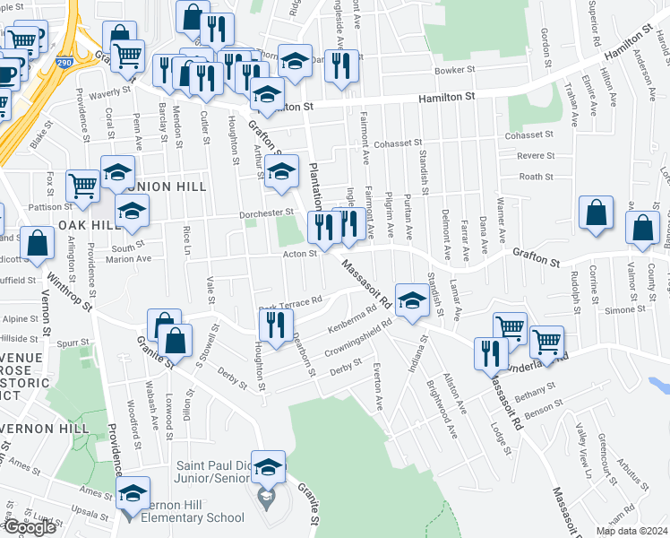 map of restaurants, bars, coffee shops, grocery stores, and more near 8 Massasoit Road in Worcester