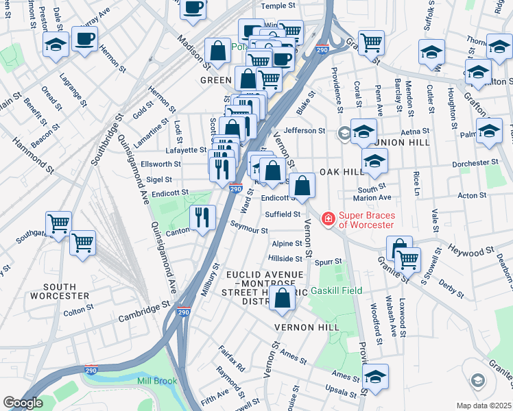 map of restaurants, bars, coffee shops, grocery stores, and more near 110 Endicott Street in Worcester