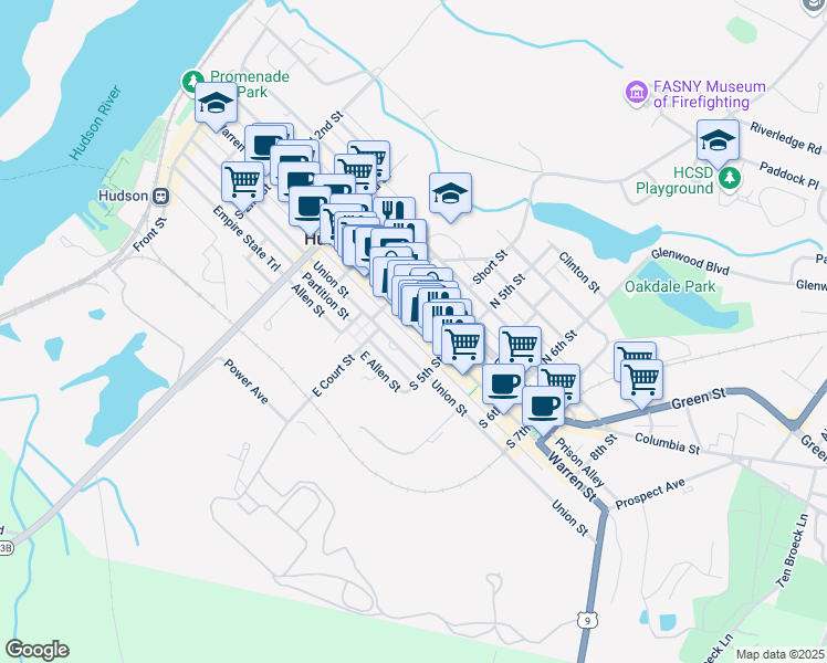 map of restaurants, bars, coffee shops, grocery stores, and more near 429 Warren Street in Hudson