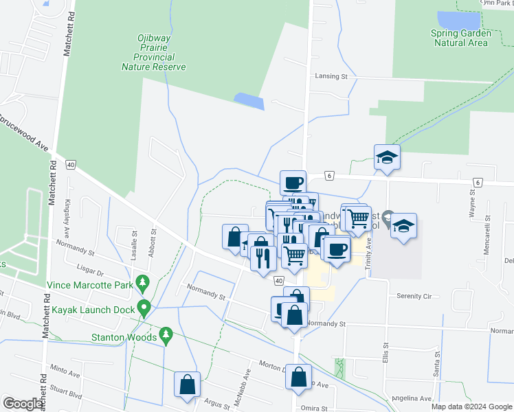map of restaurants, bars, coffee shops, grocery stores, and more near 1700 Orford Street in LaSalle