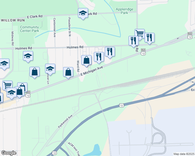 map of restaurants, bars, coffee shops, grocery stores, and more near 2 Riley Court in Ypsilanti