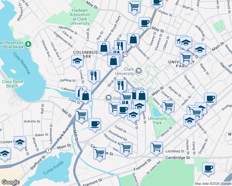 map of restaurants, bars, coffee shops, grocery stores, and more near 11 Oliver Street in Worcester
