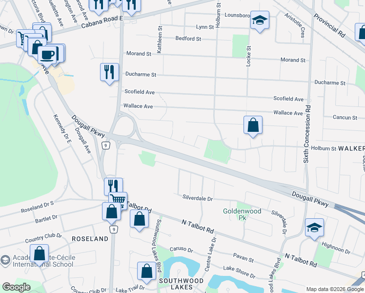 map of restaurants, bars, coffee shops, grocery stores, and more near 701 Sarah Court in Windsor