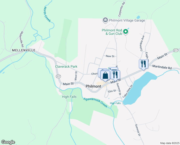 map of restaurants, bars, coffee shops, grocery stores, and more near 37 Church Street in Hudson