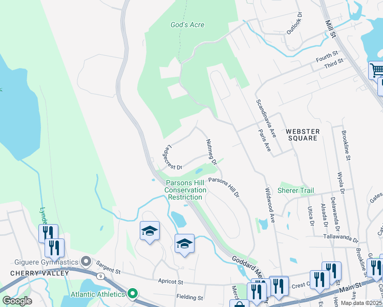 map of restaurants, bars, coffee shops, grocery stores, and more near 18 Ledgecrest Drive in Worcester