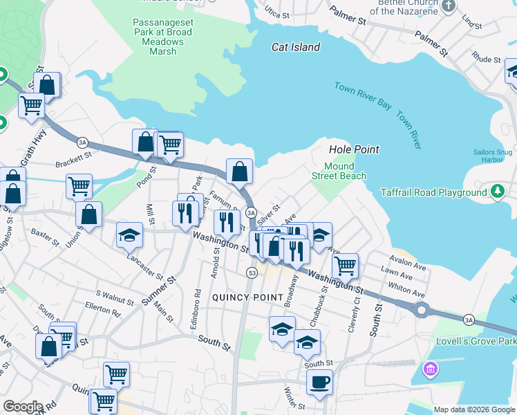 map of restaurants, bars, coffee shops, grocery stores, and more near 780 Massachusetts 3A in Quincy