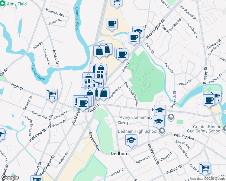map of restaurants, bars, coffee shops, grocery stores, and more near 274 East Street in Dedham
