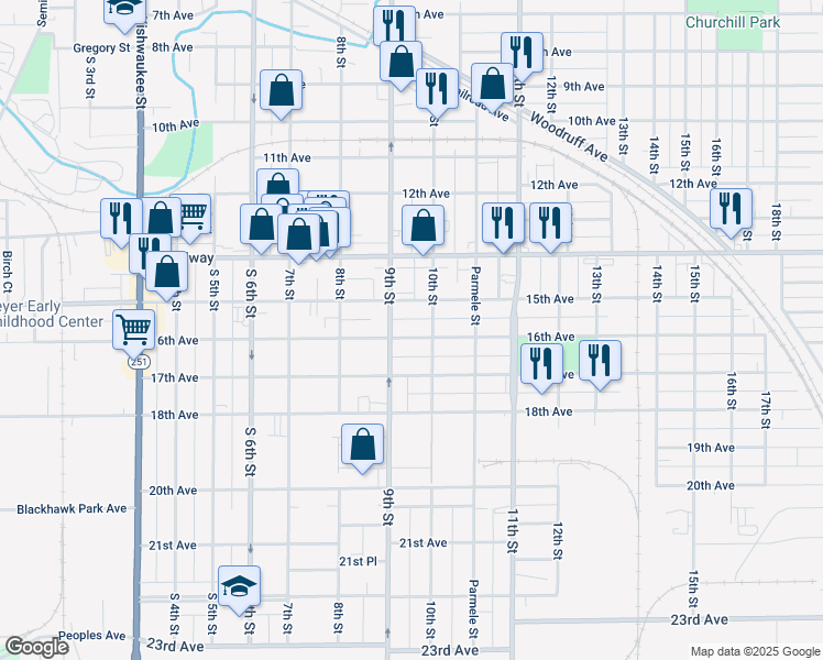 map of restaurants, bars, coffee shops, grocery stores, and more near 1318 16th Avenue in Rockford