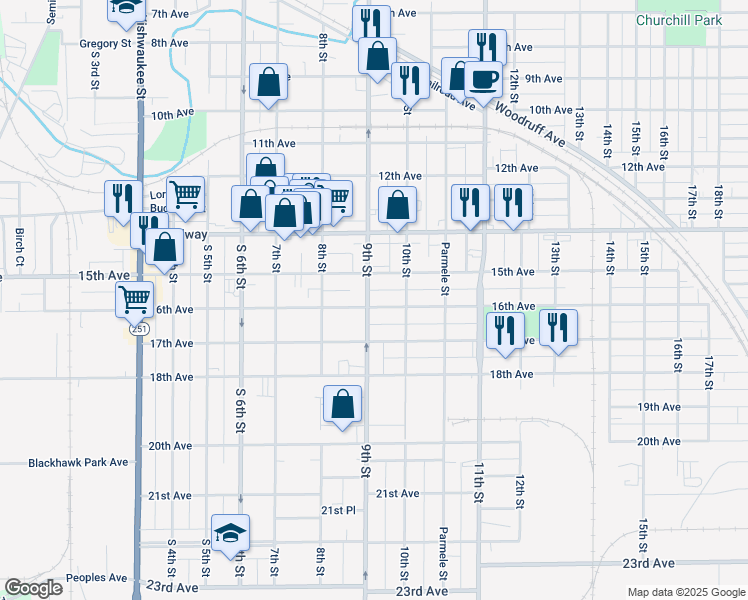 map of restaurants, bars, coffee shops, grocery stores, and more near 1624 9th Street in Rockford