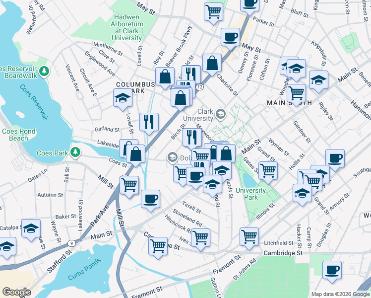 map of restaurants, bars, coffee shops, grocery stores, and more near 6 Oliver Street in Worcester
