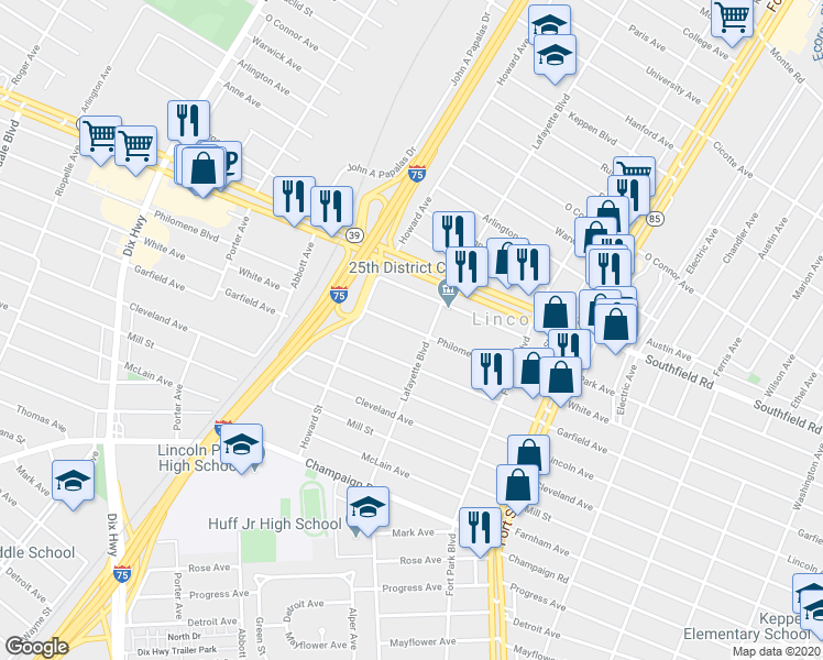 map of restaurants, bars, coffee shops, grocery stores, and more near 1527 Philomene Boulevard in Lincoln Park