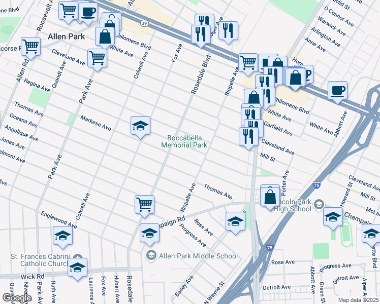 map of restaurants, bars, coffee shops, grocery stores, and more near 14563 Regina Avenue in Lincoln Park