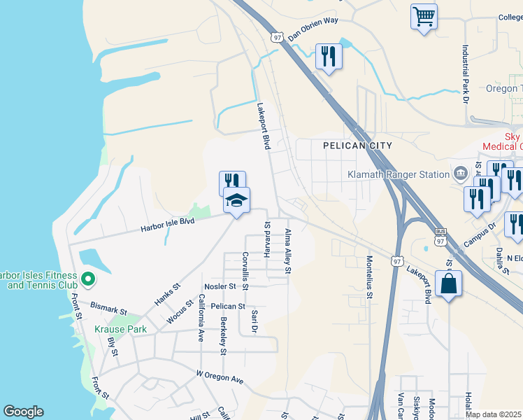 map of restaurants, bars, coffee shops, grocery stores, and more near 501 McLean Street in Klamath Falls