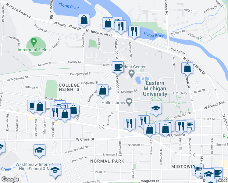 map of restaurants, bars, coffee shops, grocery stores, and more near 721 Collegewood Street in Ypsilanti