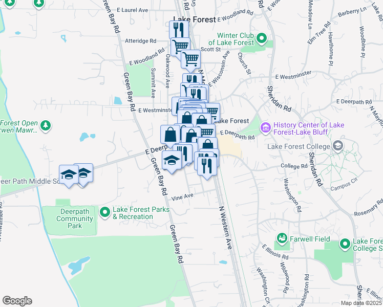 map of restaurants, bars, coffee shops, grocery stores, and more near 587 Oakwood Avenue in Lake Forest