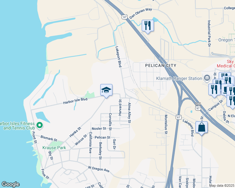 map of restaurants, bars, coffee shops, grocery stores, and more near 3307 Lakeport Boulevard in Klamath Falls