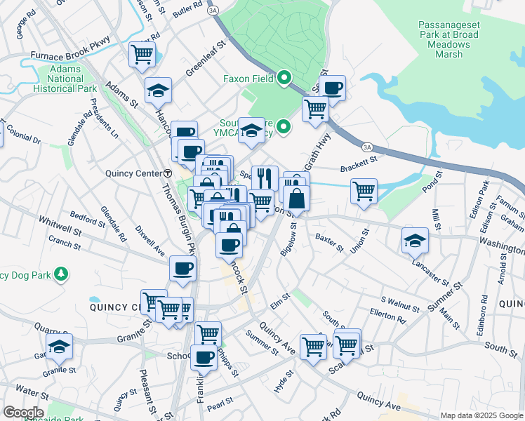 map of restaurants, bars, coffee shops, grocery stores, and more near 91 Washington Street in Quincy