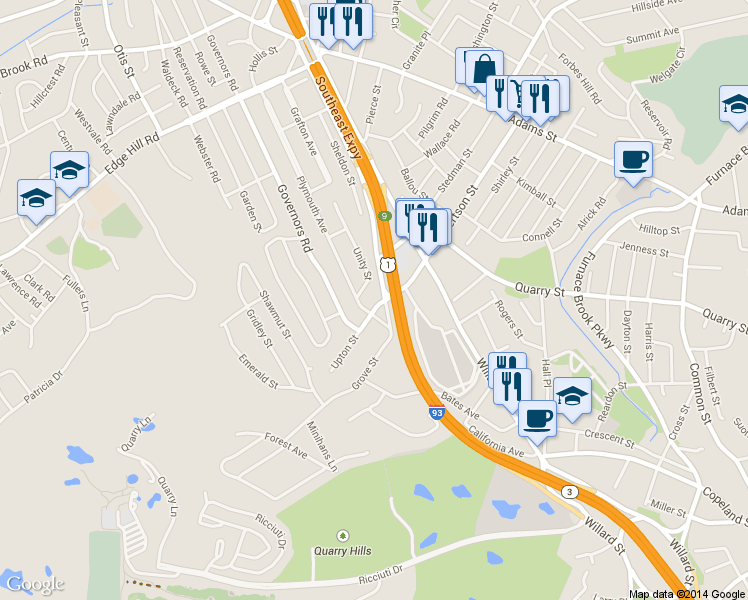 map of restaurants, bars, coffee shops, grocery stores, and more near 21 Upton Street in Quincy