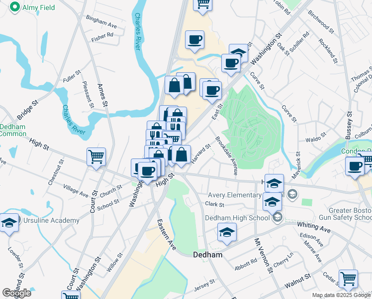 map of restaurants, bars, coffee shops, grocery stores, and more near 274 East Street in Dedham