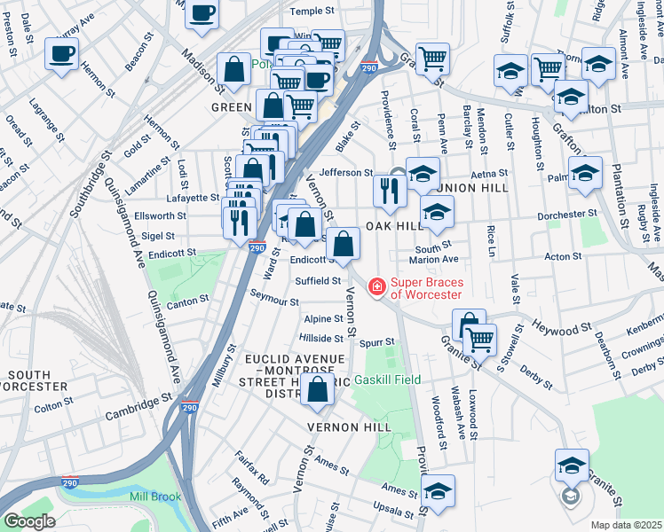 map of restaurants, bars, coffee shops, grocery stores, and more near 128 Endicott Street in Worcester