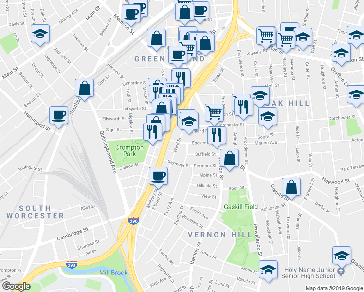 map of restaurants, bars, coffee shops, grocery stores, and more near 110 Endicott Street in Worcester