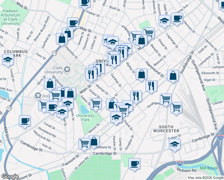 map of restaurants, bars, coffee shops, grocery stores, and more near 16 Hancock Street in Worcester