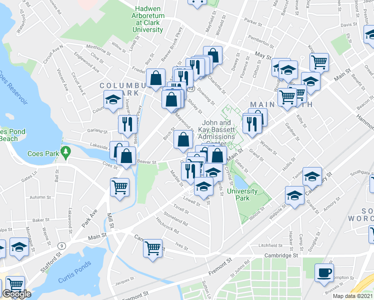 map of restaurants, bars, coffee shops, grocery stores, and more near 75 Florence Street in Worcester