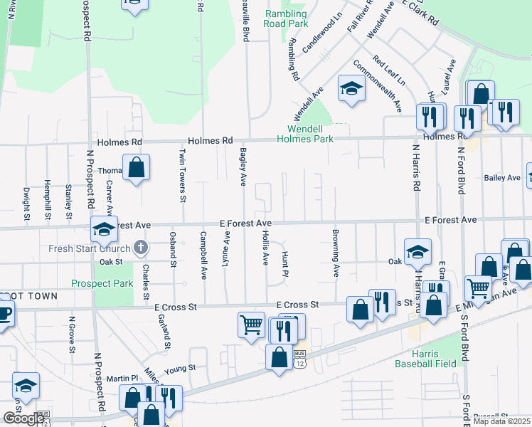 map of restaurants, bars, coffee shops, grocery stores, and more near 731 Redwood Avenue North in Ypsilanti