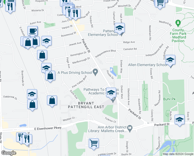 map of restaurants, bars, coffee shops, grocery stores, and more near 2500 Packard Street in Ann Arbor