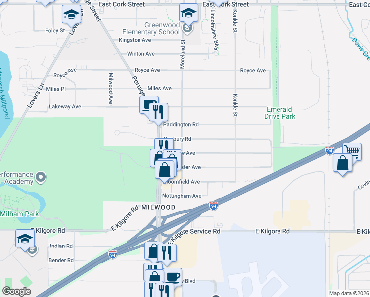 map of restaurants, bars, coffee shops, grocery stores, and more near 1720 Banbury Road in Kalamazoo