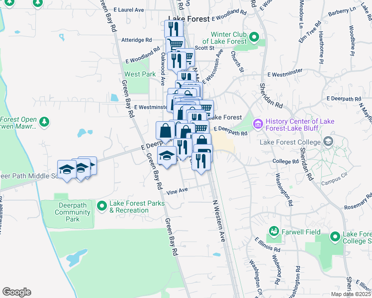 map of restaurants, bars, coffee shops, grocery stores, and more near 587 Oakwood Avenue in Lake Forest