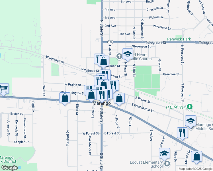 map of restaurants, bars, coffee shops, grocery stores, and more near 103 Municipal Lot Drive in Marengo