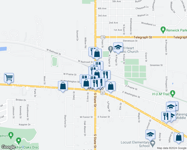 map of restaurants, bars, coffee shops, grocery stores, and more near 124 West Prairie Street in Marengo