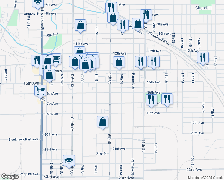 map of restaurants, bars, coffee shops, grocery stores, and more near 1318 16th Avenue in Rockford