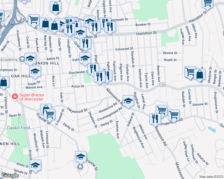 map of restaurants, bars, coffee shops, grocery stores, and more near 500 Grafton Street in Worcester