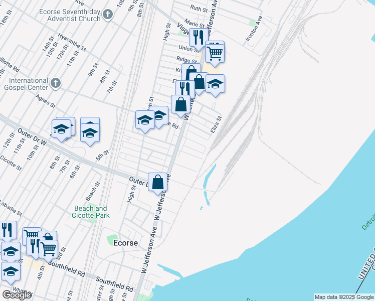 map of restaurants, bars, coffee shops, grocery stores, and more near 15 East Josephine Street in Ecorse