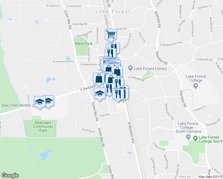 map of restaurants, bars, coffee shops, grocery stores, and more near 580 North Bank Lane in Lake Forest