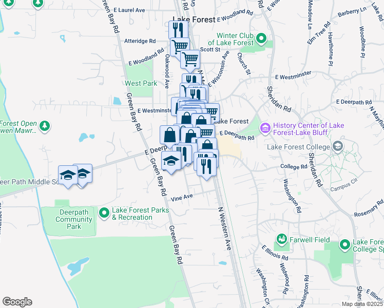 map of restaurants, bars, coffee shops, grocery stores, and more near 580 North Bank Lane in Lake Forest