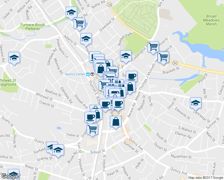 map of restaurants, bars, coffee shops, grocery stores, and more near 1370 Hancock Street in Quincy