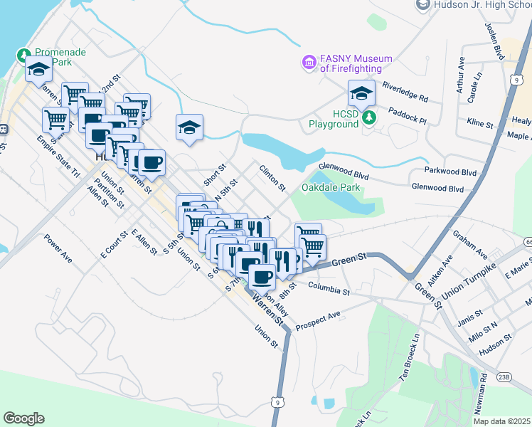 map of restaurants, bars, coffee shops, grocery stores, and more near 549 Washington Street in Hudson