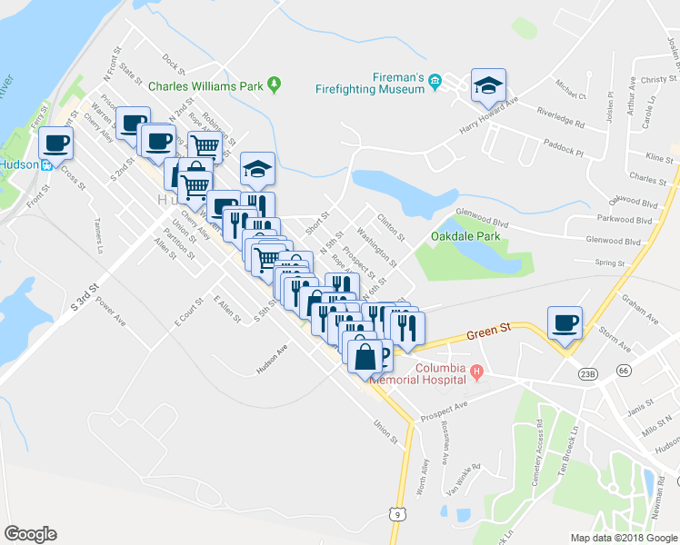 map of restaurants, bars, coffee shops, grocery stores, and more near 526 State Street in Hudson