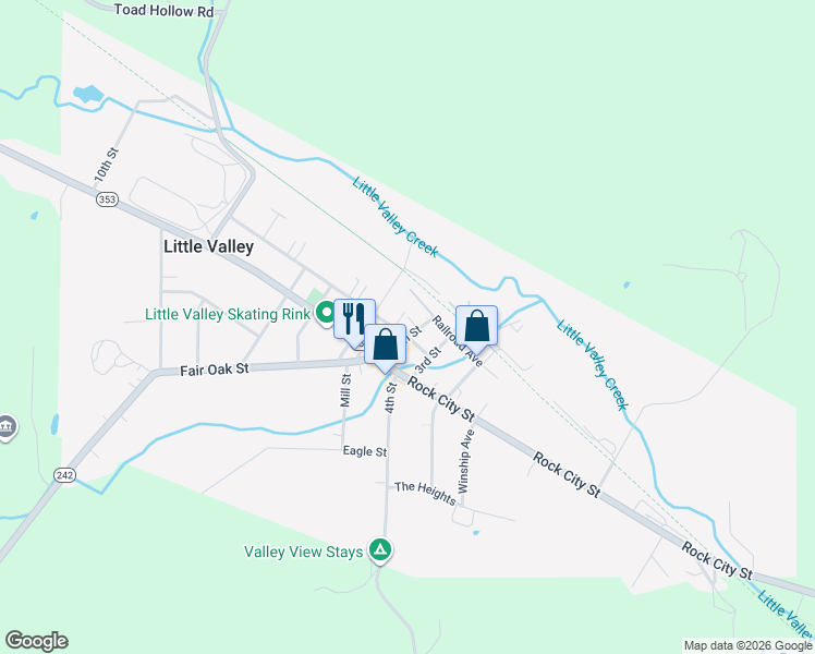 map of restaurants, bars, coffee shops, grocery stores, and more near 109 Court Street in Little Valley